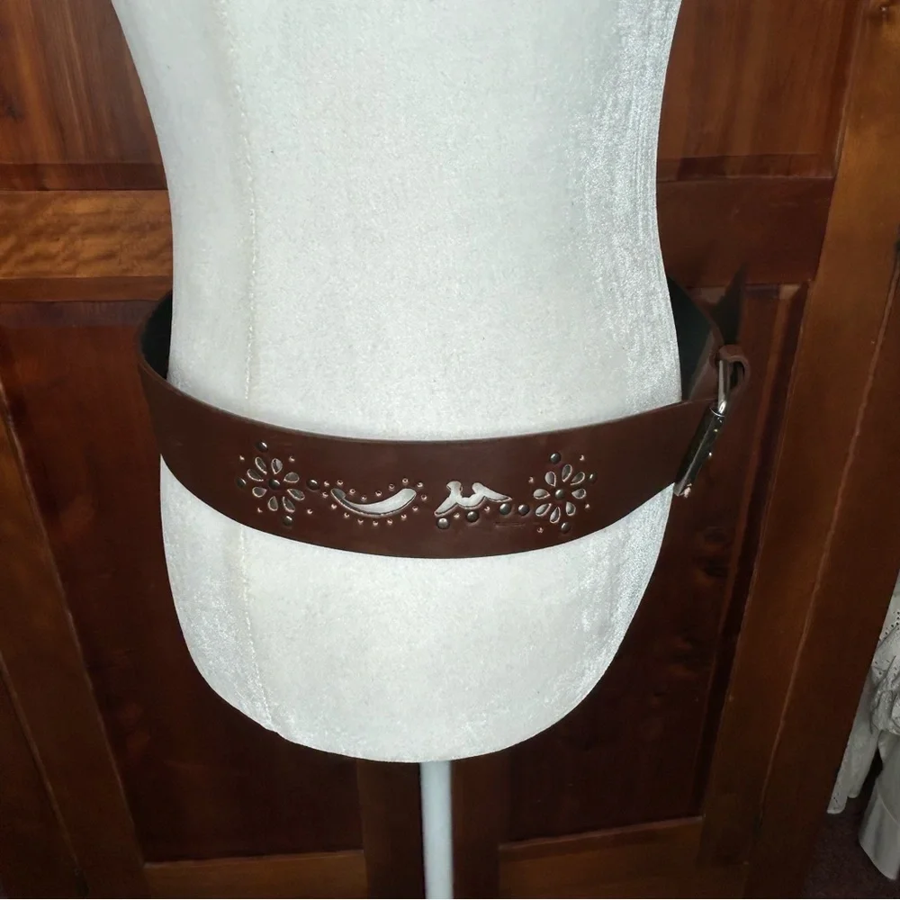 Moroccan Boutique Laser Cut Leather Belt with Floral Accents and Studs Western